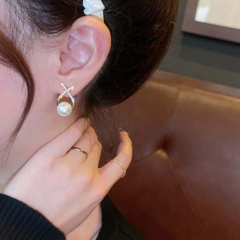 Golden Cross Pearl Zircon Earrings