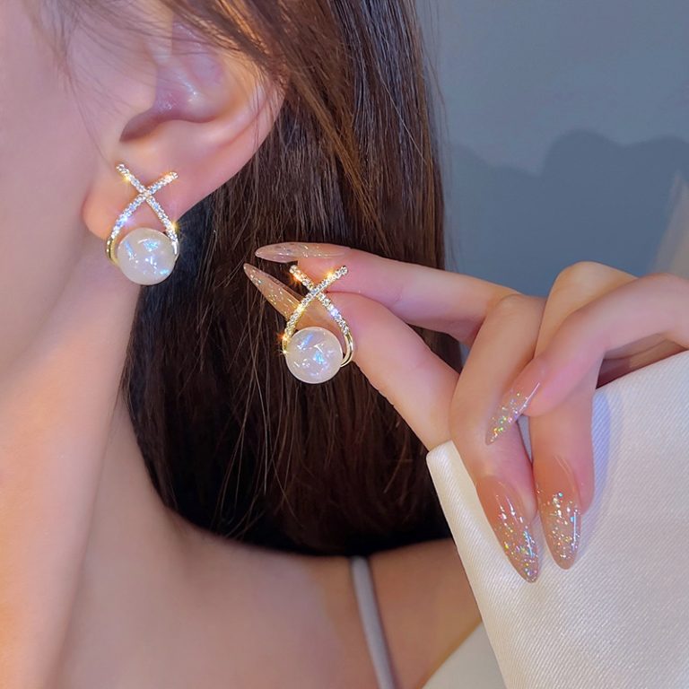 Golden Cross Pearl Zircon Earrings