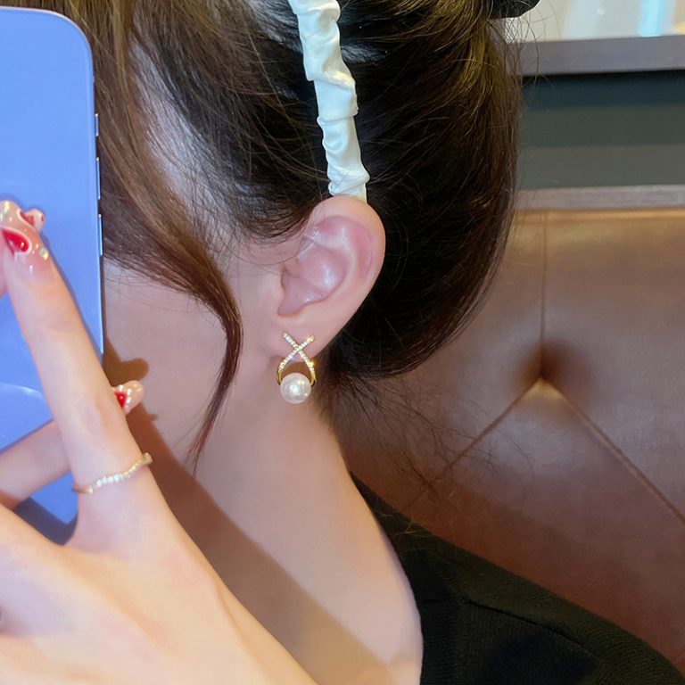Golden Cross Pearl Zircon Earrings