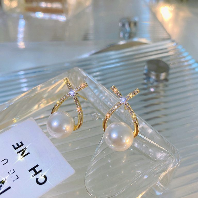 Golden Cross Pearl Zircon Earrings