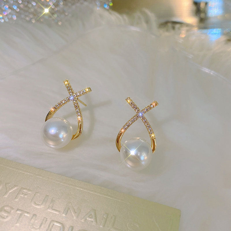 Golden Cross Pearl Zircon Earrings